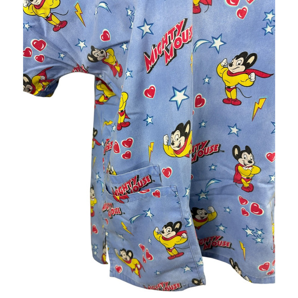 ✨2/$20 Mighty Mouse Cartoon Graphic Nurse CNA V-Neck Scrub Top Blue Size Large - Picture 5 of 16